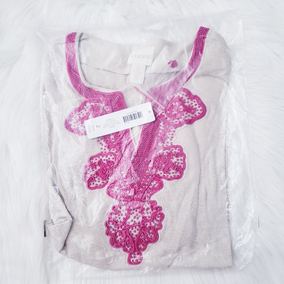 Chicos Embellished Split Neck Top - Picture 2 of 6